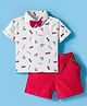 ToffyHouse Poplin Woven Half Sleeves Shirt & Shorts With Bow & Suspender & Vehicle Print - White & Red