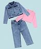 Kiddopanti Denim Woven Full Sleeves Rhinestones Embellished Cropped Jacket & Jeans With Solid Tee Set - Baby Pink & Light Blue