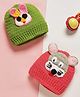 MayRa Knits Hand Knitted Woven Pack Of 2 Animal Designed Caps - Green & Red - Circumference - 25 Cms