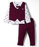 Mini Taurus Sinker Knit Full Sleeves Printed T-Shirt & Pant Set with Waistcoat & Bow Applique - Maroon