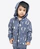 Ariel Cotton Knit Full Sleeves Elephants Printed Hooded Jacket - Blue