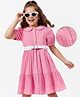 Hola Bonita Knit Half Sleeves Textured Solid Dress With Belt - Pink