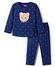 Babyhug Cotton Knit Full Sleeves Night Suit with Polka Dot Print & Bow Applique - Navy Blue