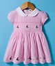 ToffyHouse Cotton Woven Half Puffed Sleeves Peter Pan Collar Frock with Stripes & Boat Embroidery with Smock Detail - Pink