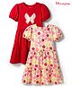 Honeyhap Premium Cotton 100% Knit Half Puffed Sleeves Tiered Frocks with Bio Wash Floral & Butterfly Print Pack of 2 - Bright White & High Risk Red