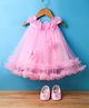 Bluebell Net Woven Sleeveless Party Frock With Floral Applique & Booties - Pink