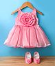 Bluebell Tissue Woven Sleeveless Party Frock With Floral Applique & Booties - Pink