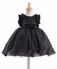 Bluebell Net Woven Sleveless Party Dress with Floral Applique & Frill Detailing - Black