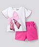 Bonfino 100% Cotton Knit Flutter Sleeves T-Shirt & Shorts Set With Reversible Sequins - White & Pink
