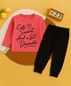 Luke and Lilly Cotton Blend Knit Full Sleeves Cute Smart & A Bit Dramatic Text Printed Tee & Pant Set - Coral & Black