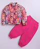 M'andy Waffle Knit Full Sleeves Floral Printed Jacket & Jogger Set - Magenta