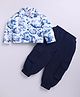 M'andy Waffle Woven Full Sleeves Trees Printed Shirt & Jogger Set - Navy Blue