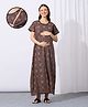 MomToBe Cotton Woven Half Sleeves Geometric Printed Maternity Nighty With Side Zipper Nursing Access - Claret Wine