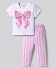 Bonfino 100% Cotton Knit Half Sleeves Night Suit With Bow Print - White & Pink