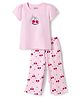 Honeyhap Premium 100% Cotton Knit Half Sleeves Night Suit With Bio Finish & Cherry Print - Pink