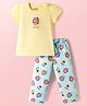 Honeyhap Premium 100% Cotton Knit Half Sleeves Floral Printed T-Shirt & Pyjama Night Set With Bio Finish - Pastel Yellow & Spun Sugar