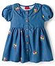 Babyhug Denim Woven Half Puffed Sleeves Frock with Floral Embroidery - Blue