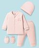 I Bears Interlock Knit Full Sleeves Front Open Night Suit with Cap & Mittens - Peach