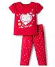 Doodle Poodle 100% Cotton Knit Half Sleeves Night Suit With Cat & Heart Print - Red
