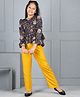 Cutiekins Woven Three Fourth Sleeves Floral Printed Top & Pant Set - Navy Blue & Yellow