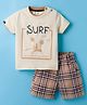 Mini Donuts Sinker Knit Half Sleeves T-Shirt & Checkered Shorts Set with Text Graphic - Beige