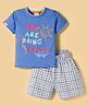Mini Donuts Sinker Knit Half Sleeves T-Shirt & Shorts Set with Text Graphic & Checks - Blue