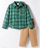 Mini Donuts Cotton Woven Full Sleeves Checks Shirt & Trouser Set With Teddy Bear Patch - Green & Beige