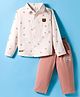 Mini Donuts Cotton Woven Full Sleeves Shirt & Pant Set with Bear Print - Pink