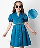 Hola Bonita Woven Puffed Sleeves Dress With Belt - Teal Blue