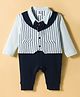 Mini Taurus Interlock Knit Full Sleeves Striped Party Romper With Attached Waistcoat & Bow Applique - Navy Blue