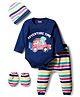 Babyhug 100% Cotton Interlock Knit Full Sleeves Vehicle Printed Onesies With Leggings Cap & Booties - Navy Blue