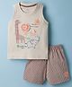 Child World Interlock Knit Sleeveless Tank T-Shirt & Shorts Set With Stripes & Lion Patch - Beige & Brown