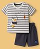 Mini Taurus Sinker Knit Half Sleeves Striped & Duck Printed T-Shirt & Shorts Set - Dark Grey