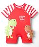 Mini Taurus Interlock Knit Half Raglan Sleeves Romper with Dino Print & Applique - Red