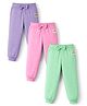 Babyhug Cotton Jersey Knit Full Length Lounge Pants With Rainbow Patch & Bow Applique Pack of 3 - Light Green Pink & Purple