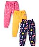 Babyhug Cotton Knit Full Length Lounge Pants with Tropical Theme Print & Bow Applique Pack of 3 - Yellow Pink & Navy Blue