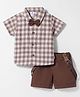 Child World Textile Woven Half Sleeves Checks Shirt & Shorts Set With Bow & Suspender - Brown