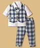 WOW Clothes Cotton Woven Full Sleeves Checks 3 Piece Party Suit With Zebra Patch & Bow Applique - Blue & White