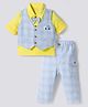 WOW Clothes Full Sleeves Checkered 3 Piece Party Suit with Bow Applique - Light Blue