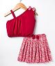 Dew Drops Interlock Knit Sleeveless Top & Skirt Set With Floral Print & Bow Applique - Red