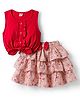 Dew Drops Interlock Knit Sleeveless Top & Skirt Set with Floral Print & Bow Applique - Red & Peach