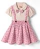 Dew Drops Poplin Knit Half Sleeves Frock With Inner Tee & Dino Print Bow Applique - Peach