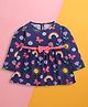 BUMZEE Cotton Knit Full Sleeves Floral & Rainbow Printed Bow Applique Detailed Dress - Navy Blue