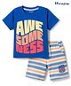 Honeyhap Premium 100% Cotton Knit Half Sleeves Awesome Printed T-Shirt & Striped Shorts Night Suit with Bio Finish - Lapis Blue & Bright White
