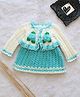 Woonie Hand Knitted Solid Dress With Full Sleeves Floral Applique Detailed  Shrug - Blue