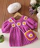 Woonie Handknitted Full Sleeves Floral Applique Detailed Dress With Sling Bag  - Purple