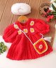 Woonie Handknitted Full Sleeves Floral Applique Detailed Dress With Sling Bag - Red