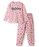 Smarty Girls Sinker Knit Full Sleeves T-Shirt & Pyjama Co-ord Night Suit With Floral Print - Peach