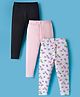 Kookie Kids Cotton Spandex Knit Full Length Leggings With Butterfly Print Pack Of 3 - Pink Black & Pink