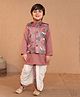AJ Dezines Cotton Blend Woven Full Sleeves Solid Kurta Dhoti With Leaves Printed Jacket Set - Pink